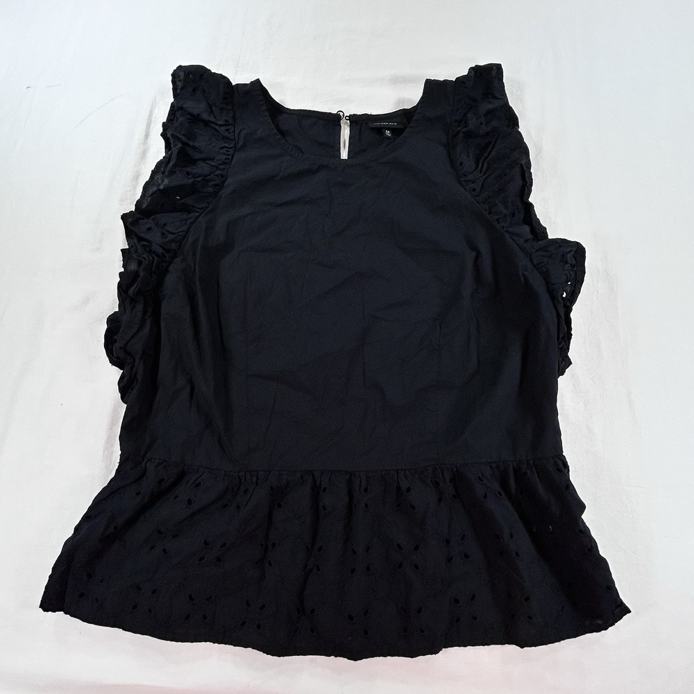 Who What Wear Womens M Side Zip Closure Eyelet Top Black Ruffle Sleeve Work